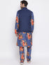 Vastramay Navy Blue Twill Jacket, Printed Kurta and Pyjama Set