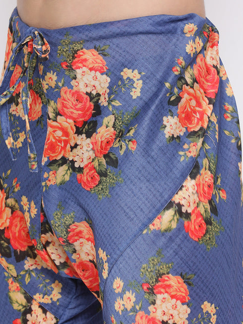 Vastramay Navy Blue Twill Jacket, Printed Kurta and Pyjama Set