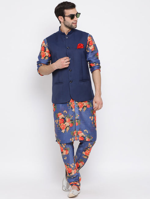 Vastramay Navy Blue Twill Jacket, Printed Kurta and Pyjama Set