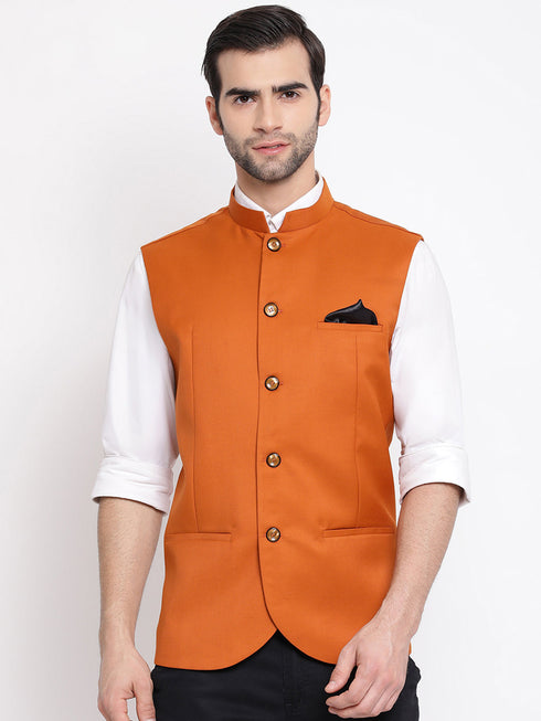 Vastramay Orange Cotton Blend Twill Nehru Jacket