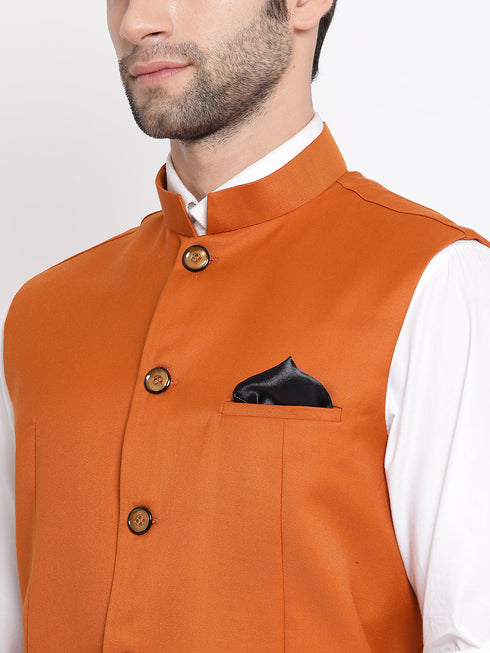 Vastramay Orange Cotton Blend Twill Nehru Jacket