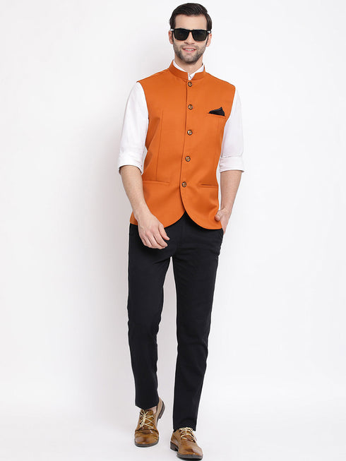 Vastramay Orange Cotton Blend Twill Nehru Jacket