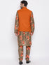 Vastramay Men's Orange Twill Jacket, Printed Kurta and Pyjama Set