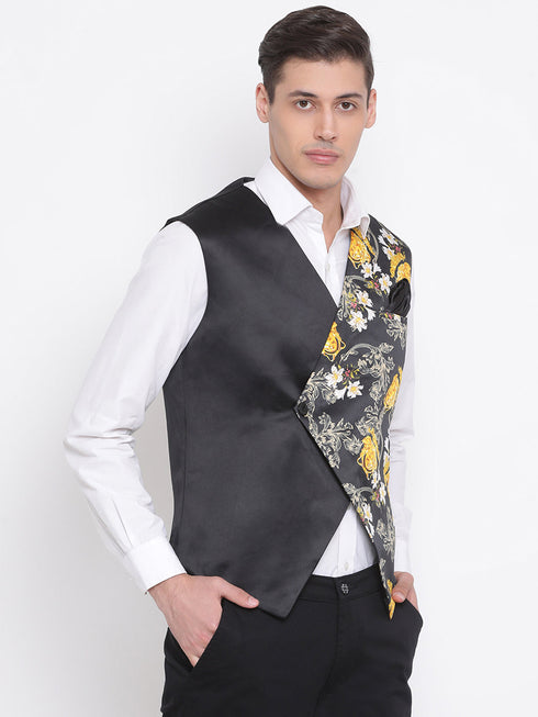 Vastramay Men's Black Floral Printed Waistcoat Jacket