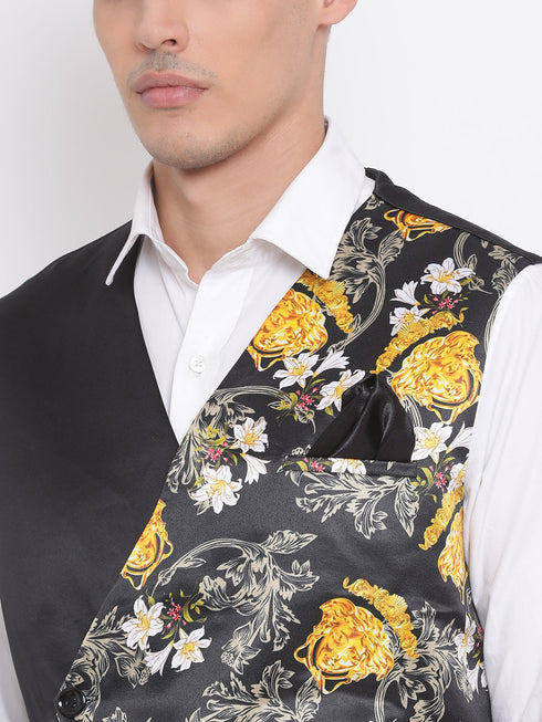 Vastramay Men's Black Floral Printed Waistcoat Jacket