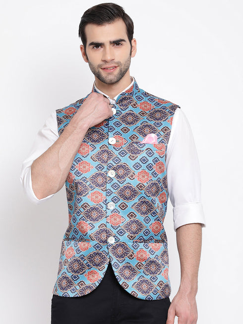 Vastramay Men's Blue Digital Printed Royal Nehru Jacket