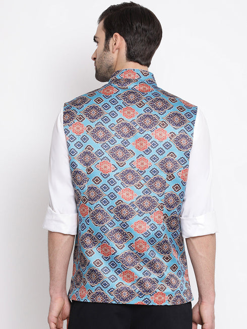 Vastramay Men's Blue Digital Printed Royal Nehru Jacket