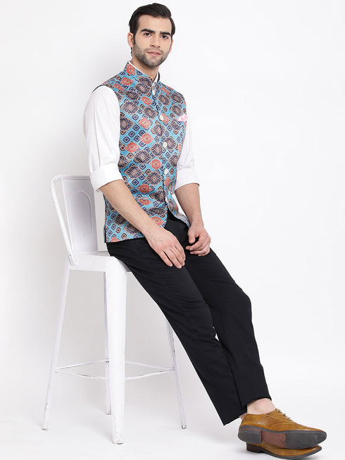 Vastramay Men's Blue Digital Printed Royal Nehru Jacket