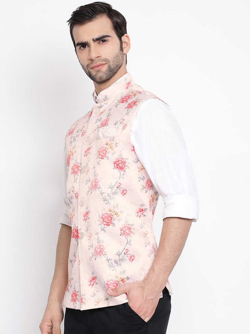 Vastramay Men's Peach Silk Blend Nehru Jacket