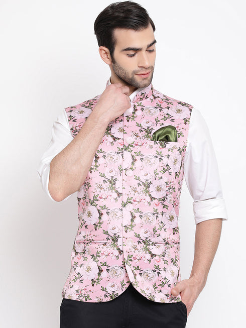 Vastramay Men's Pink Digital Floral Printed Royal Nehru Jacket