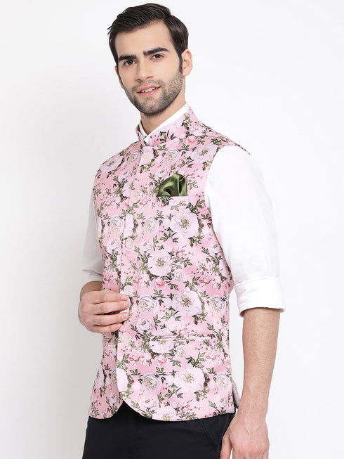 Vastramay Men's Pink Digital Floral Printed Royal Nehru Jacket