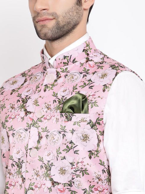 Vastramay Men's Pink Digital Floral Printed Royal Nehru Jacket
