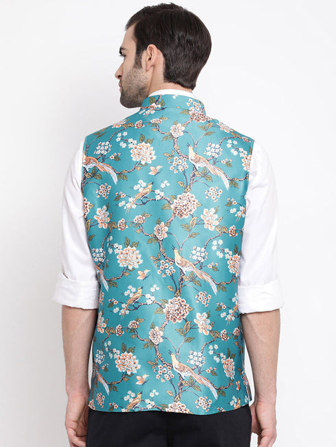Vastramay Men's Turquoise Digital Printed Royal Angrakha Nehru Jacket