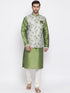 Vastramay Men's Green Floral Jacquard Jacket With Silk Kurta and Pyjama Set