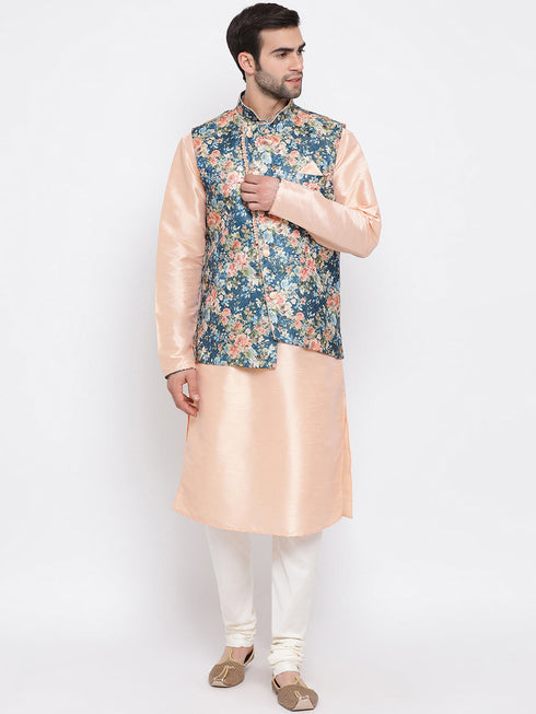 Vastramay Peach Floral Jacquard Jacket With Silk Kurta and Pyjama Set