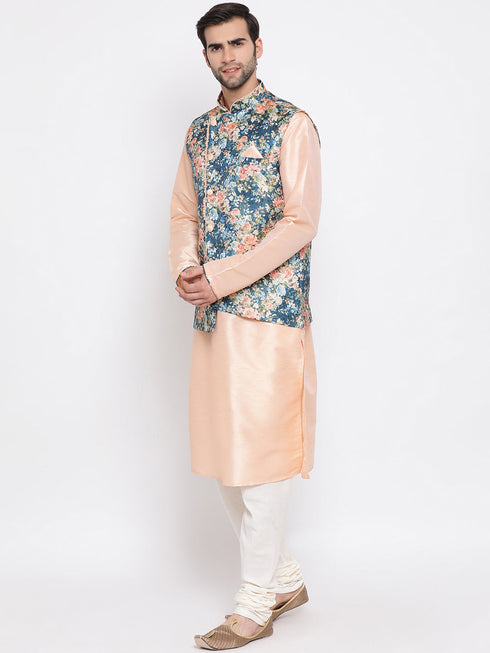 Vastramay Peach Floral Jacquard Jacket With Silk Kurta and Pyjama Set