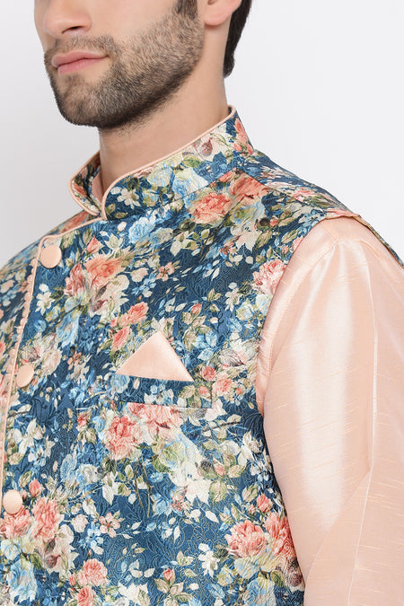 VASTRAMAY Baap Beta Silk Blend Peach Jacket With Peach Kurta Pyjama Set