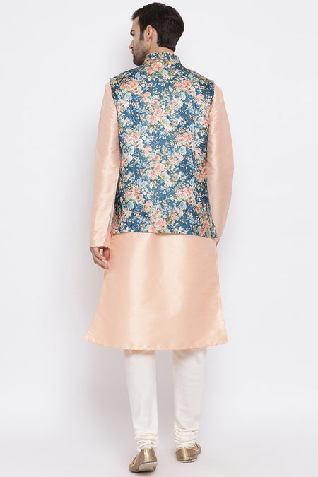 VASTRAMAY Baap Beta Silk Blend Peach Jacket With Peach Kurta Pyjama Set