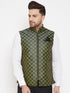 Vastramay Men's Green Jute Cotton Zipper Nehru Jacket