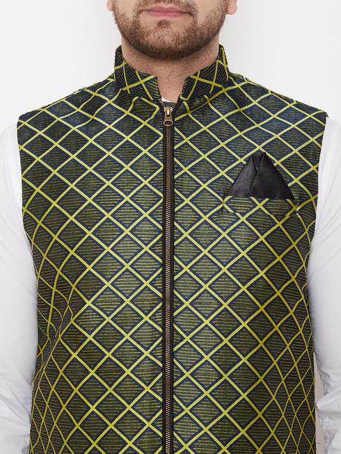 Vastramay Men's Green Jute Cotton Zipper Nehru Jacket