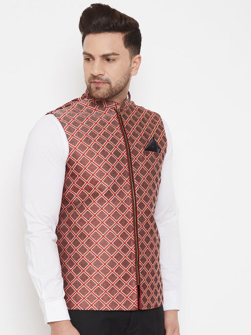 Vastramay Men's Red Jute Cotton Zipper Nehru Jacket