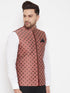 Vastramay Men's Red Jute Cotton Zipper Nehru Jacket