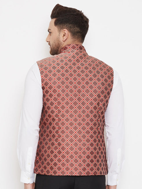 Vastramay Men's Red Jute Cotton Zipper Nehru Jacket