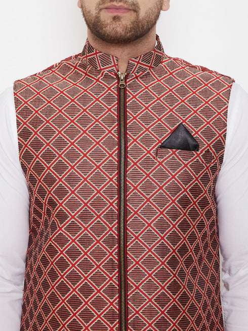 Vastramay Men's Red Jute Cotton Zipper Nehru Jacket
