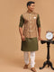 Vastramay Men's Green Printed Cotton Nehru Jacket With Mehdi Green Kurta And White Pyjama Set