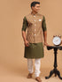 Vastramay Men's Green Printed Cotton Nehru Jacket With Mehdi Green Kurta And White Pyjama Set