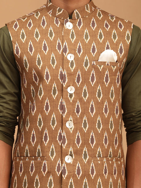 Vastramay Men's Green Printed Cotton Nehru Jacket With Mehdi Green Kurta And White Pyjama Set
