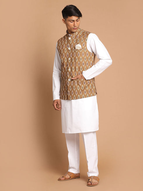 Vastramay Men's Multicolour-Base-Green Cotton Nehru Jacket With White Cotton Pant