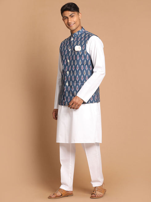 Vastramay Men's Grey Cotton Nehru Jacket With White Cotton Pant