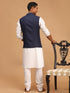 Vastramay Men's Navy Blue Solid Cotton Nehru Jacket With White Kurta And Pyjama Set