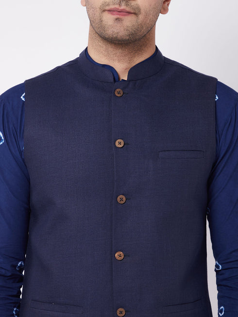 Vastramay Men's Navy Blue Solid Nehru Jacket With Blue Tie Dye Print Kurta And White Cotton Pant Style Pyjama