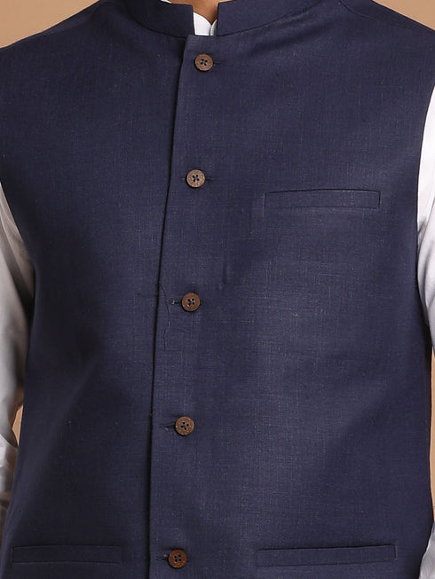Vastramay Men's Navy Blue Solid Nehru Jacket With White Solid Kurta And White Cotton Pant Style Pyjama Set