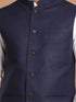 Vastramay Men's Navy Blue Solid Nehru Jacket With White Solid Kurta And White Cotton Pant Style Pyjama Set