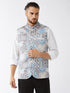 Vastramay Men's White & Blue Printed Satin Slim-Fit Nehru Jacket