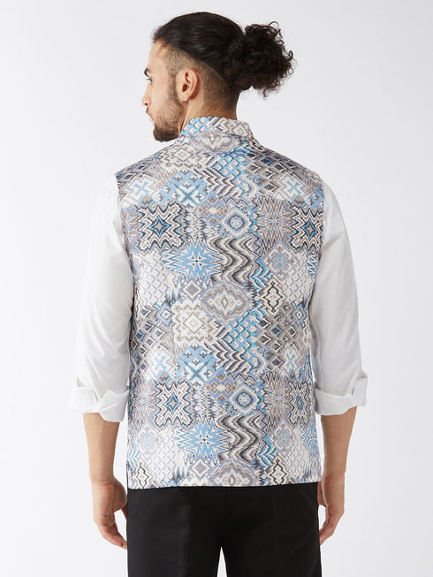 Vastramay Men's White & Blue Printed Satin Slim-Fit Nehru Jacket