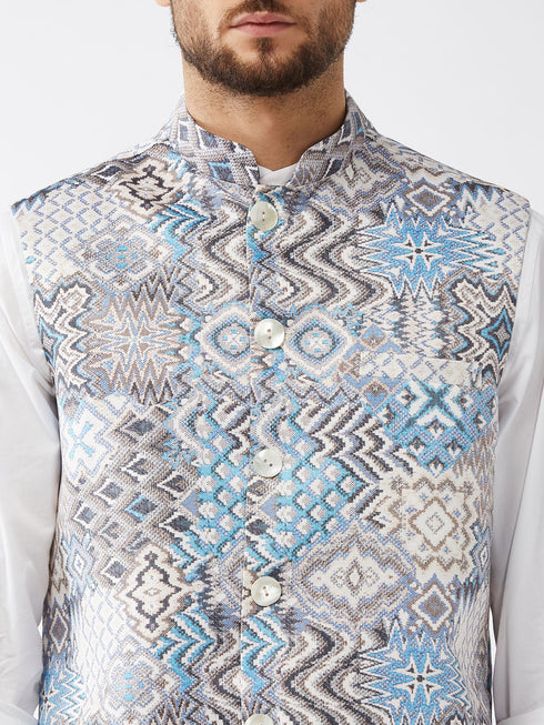 Vastramay Men's White & Blue Printed Satin Slim-Fit Nehru Jacket