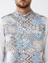 Vastramay Men's White & Blue Printed Satin Slim-Fit Nehru Jacket