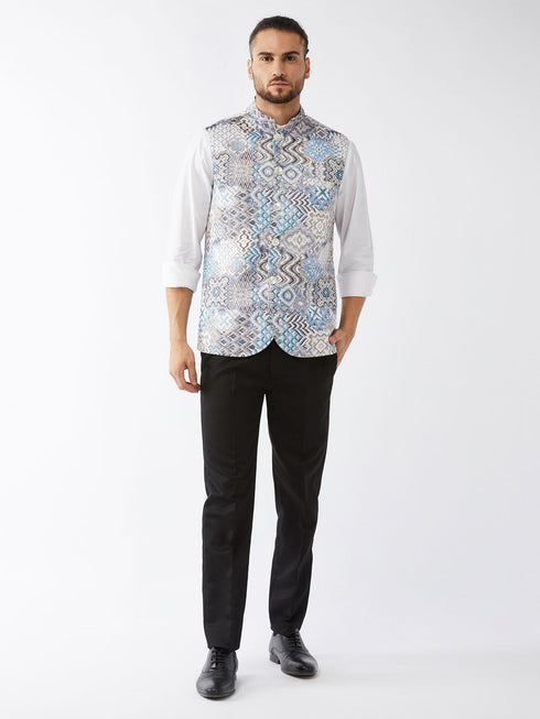 Vastramay Men's White & Blue Printed Satin Slim-Fit Nehru Jacket