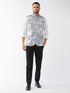 Vastramay Men's White & Blue Printed Satin Slim-Fit Nehru Jacket