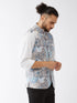 Vastramay Men's White & Blue Printed Satin Slim-Fit Nehru Jacket