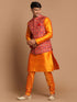 Vastramay Maroon Patola Print Nehru Jacket With Orange kurta Pyjama Set