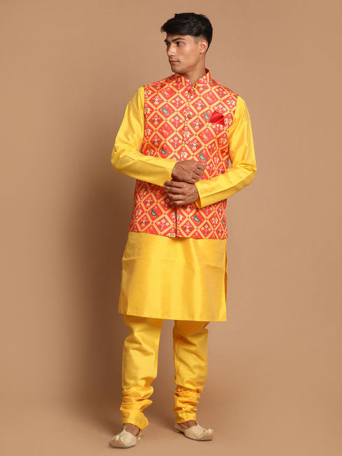 Vastramay Red Patola Print Nehru Jacket With Yellow kurta Pyjama Set