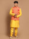 Vastramay Red Patola Print Nehru Jacket With Yellow kurta Pyjama Set