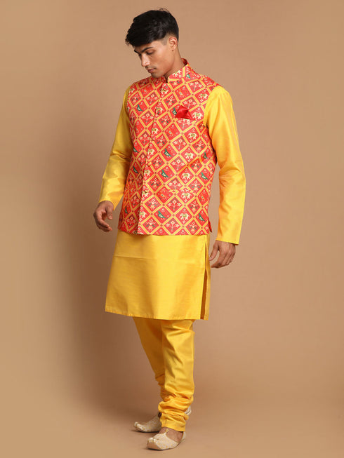 Vastramay Red Patola Print Nehru Jacket With Yellow kurta Pyjama Set