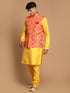 Vastramay Red Patola Print Nehru Jacket With Yellow kurta Pyjama Set