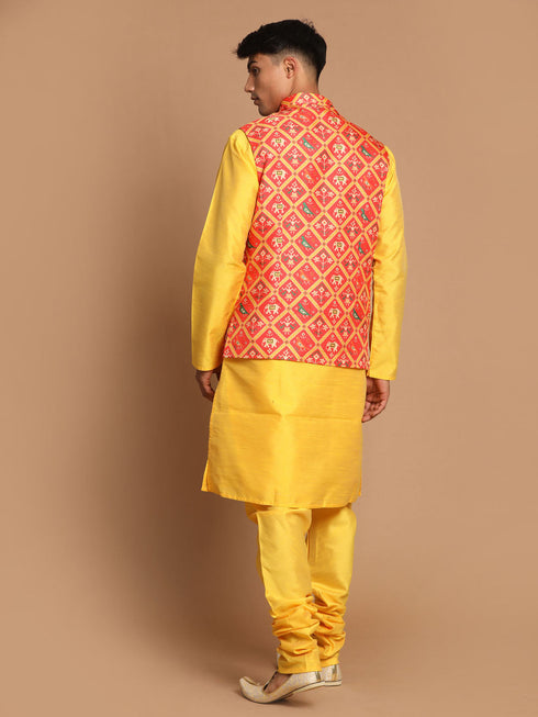 Vastramay Red Patola Print Nehru Jacket With Yellow kurta Pyjama Set
